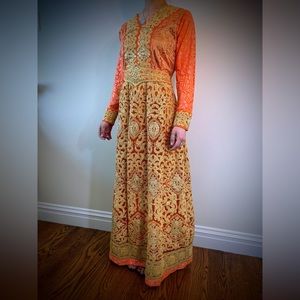 Golden! Desi style dress made with golden threads on vibrant orange fabric
